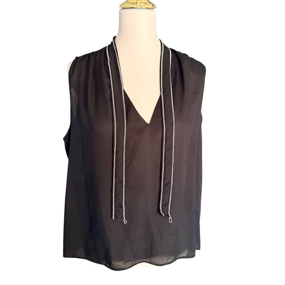 ZARA Black Sleeveless V-Neck Blouse with Silver Chain Trim Ties XL